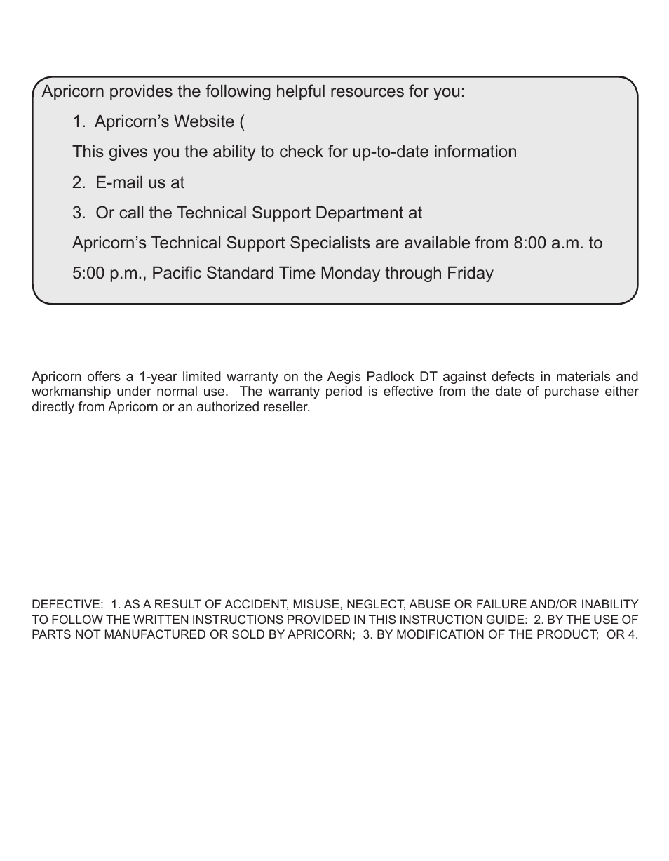 Technical support, Warranty and rma information | Apricorn Aegis Padlock DT - USB 3.0 Desktop Drive User Manual | Page 20 / 21