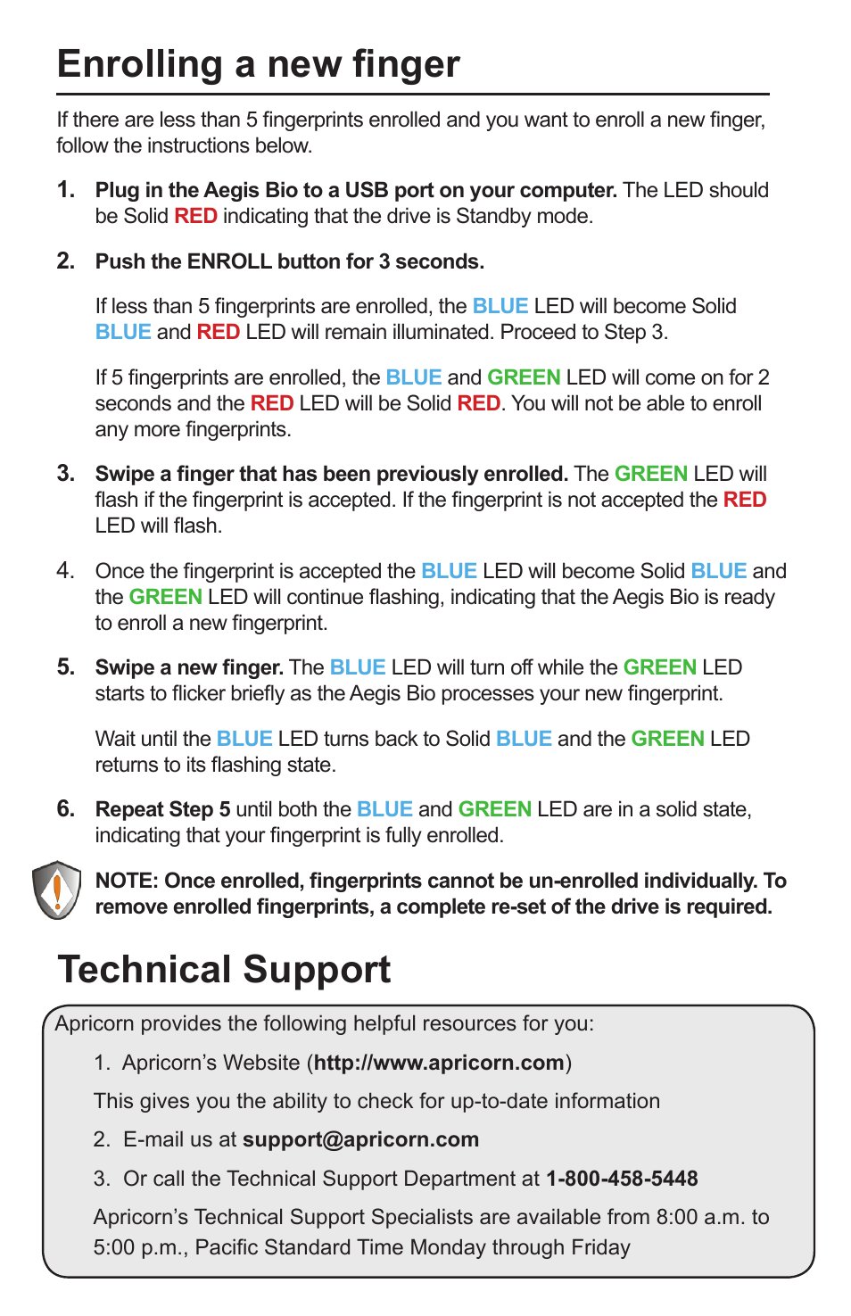 Enrolling a new finger, Technical support | Apricorn Aegis Bio 3.0 - Solid State Drive User Manual | Page 4 / 4