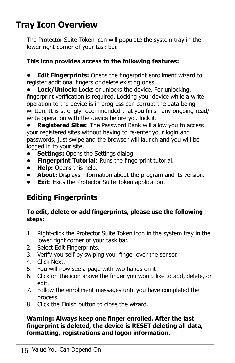 Tray icon overview, Editing fingerprints | Apricorn Aegis Bio - USB 2.0 User Manual | Page 16 / 36