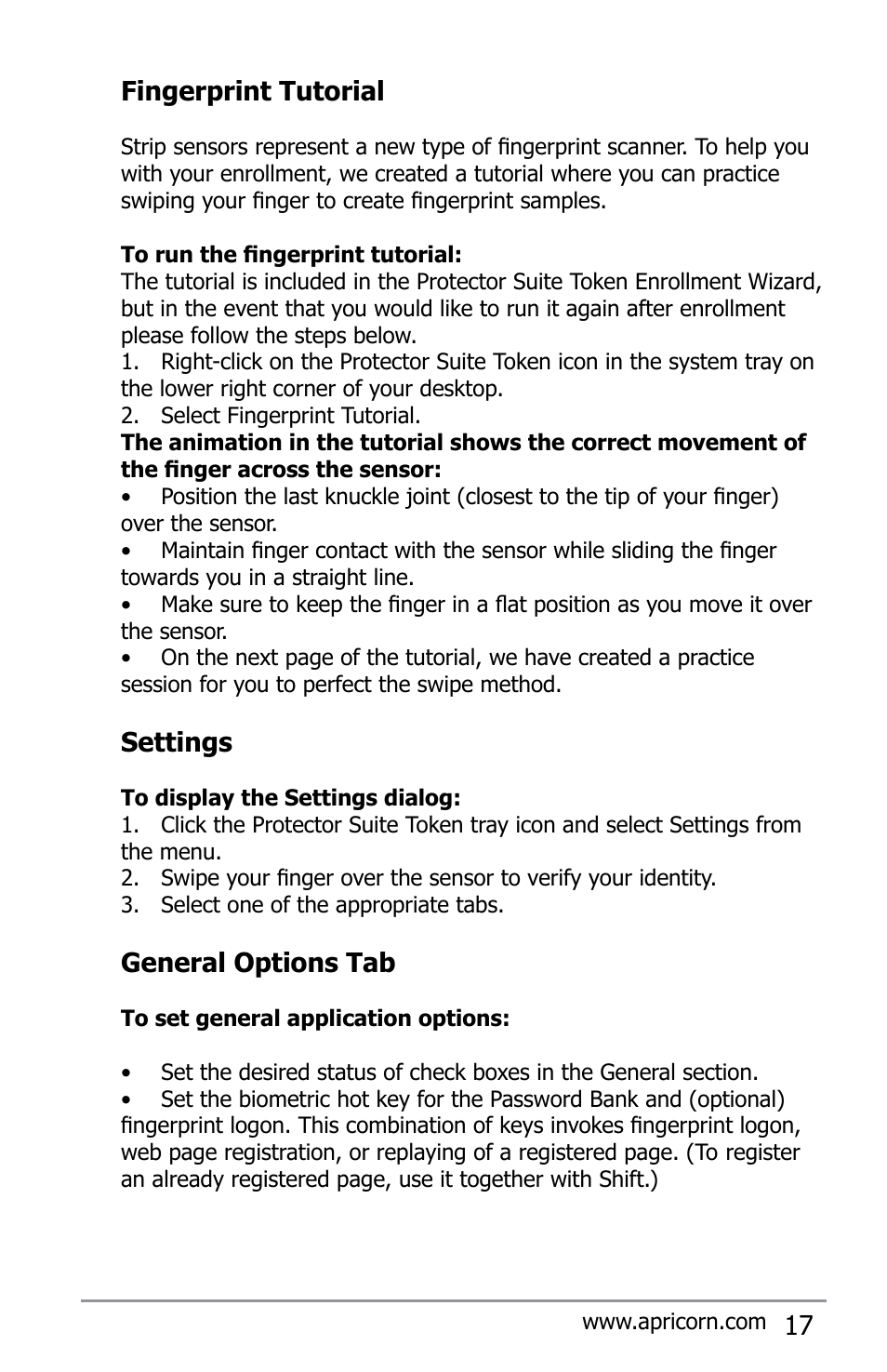 17 fingerprint tutorial, Settings, General options tab | Apricorn Aegis Bio - USB 2.0 User Manual | Page 17 / 36