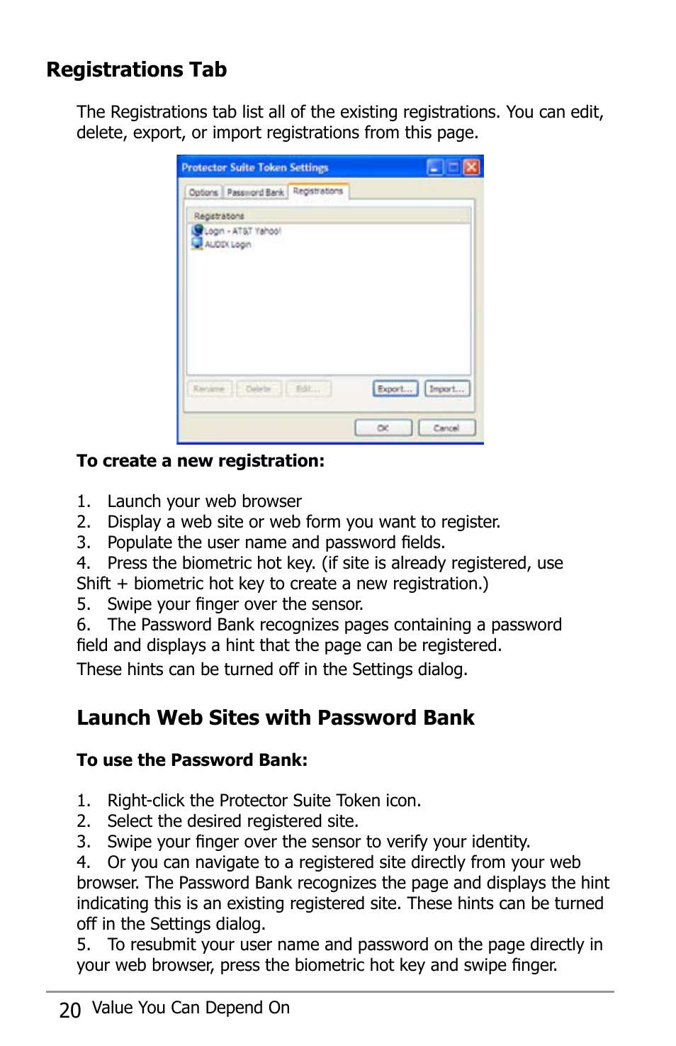 20 registrations tab, Launch web sites with password bank | Apricorn Aegis Bio - USB 2.0 User Manual | Page 20 / 36