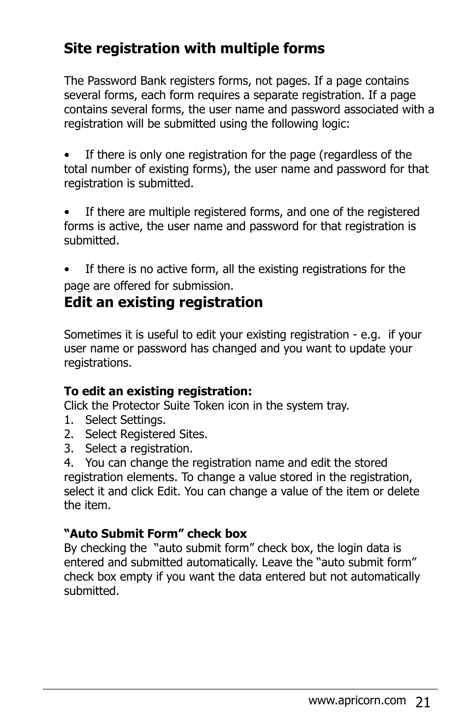 21 site registration with multiple forms, Edit an existing registration | Apricorn Aegis Bio - USB 2.0 User Manual | Page 21 / 36