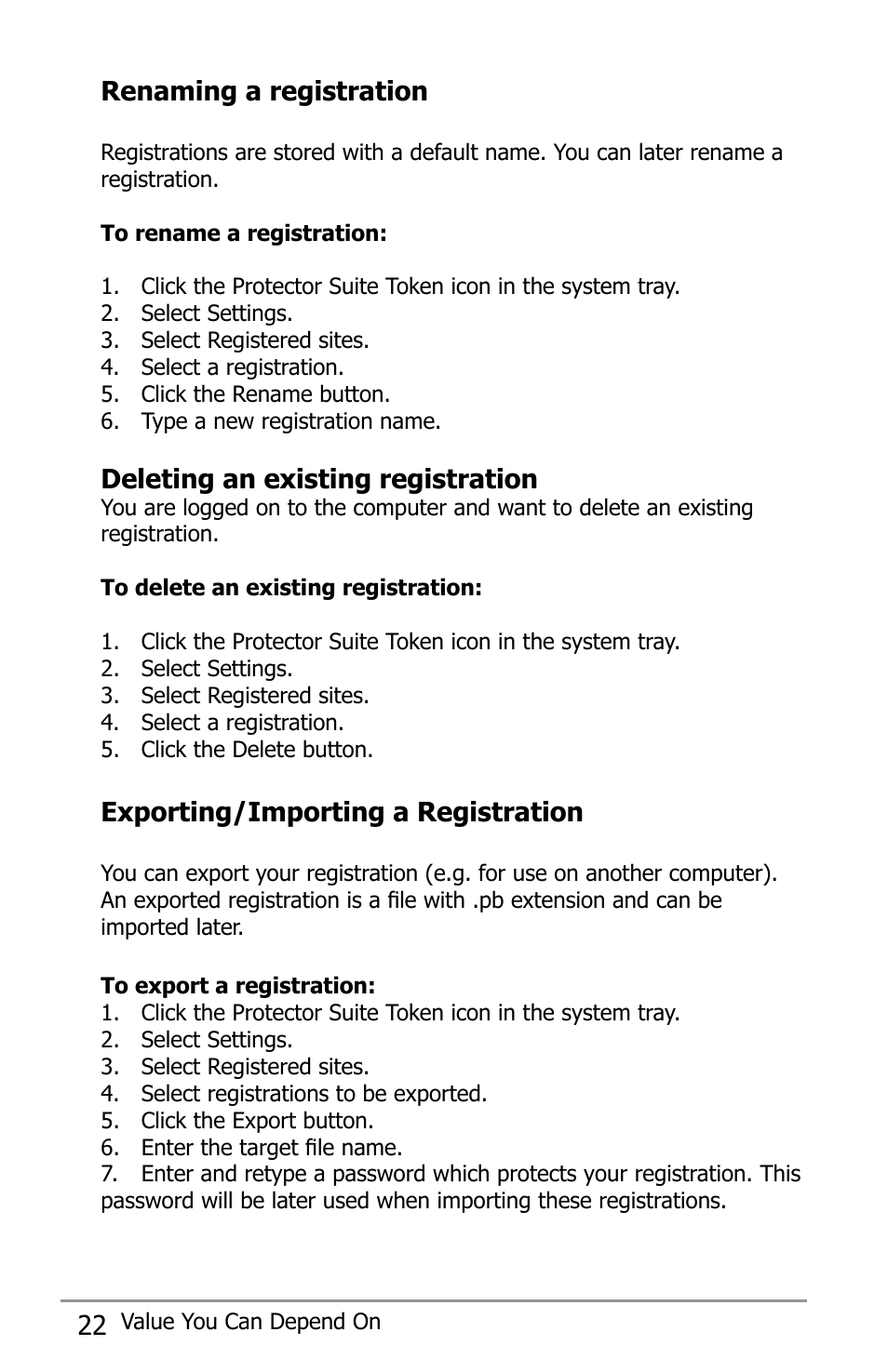 22 renaming a registration, Deleting an existing registration, Exporting/importing a registration | Apricorn Aegis Bio - USB 2.0 User Manual | Page 22 / 36