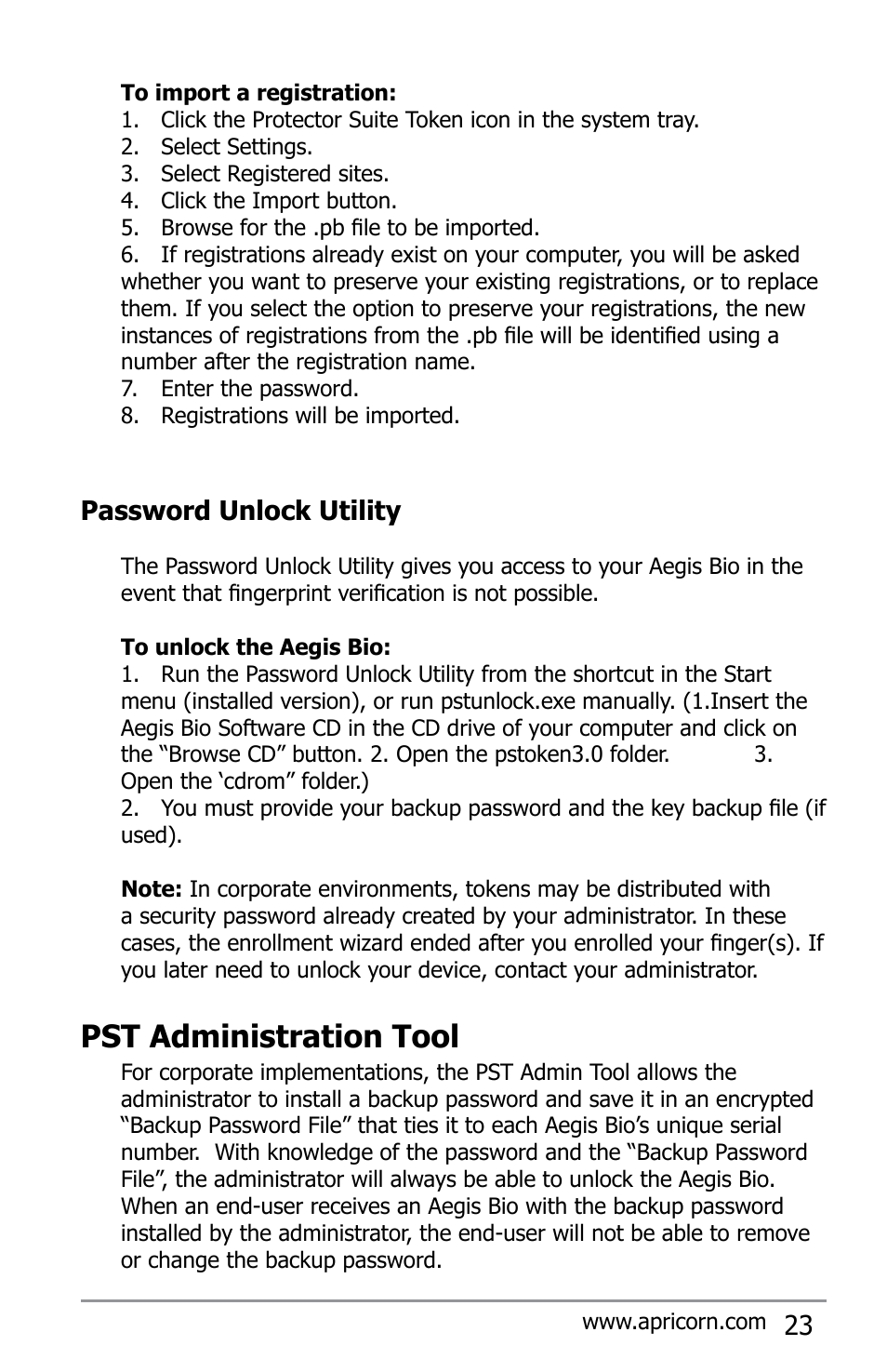 Pst administration tool, Password unlock utility | Apricorn Aegis Bio - USB 2.0 User Manual | Page 23 / 36