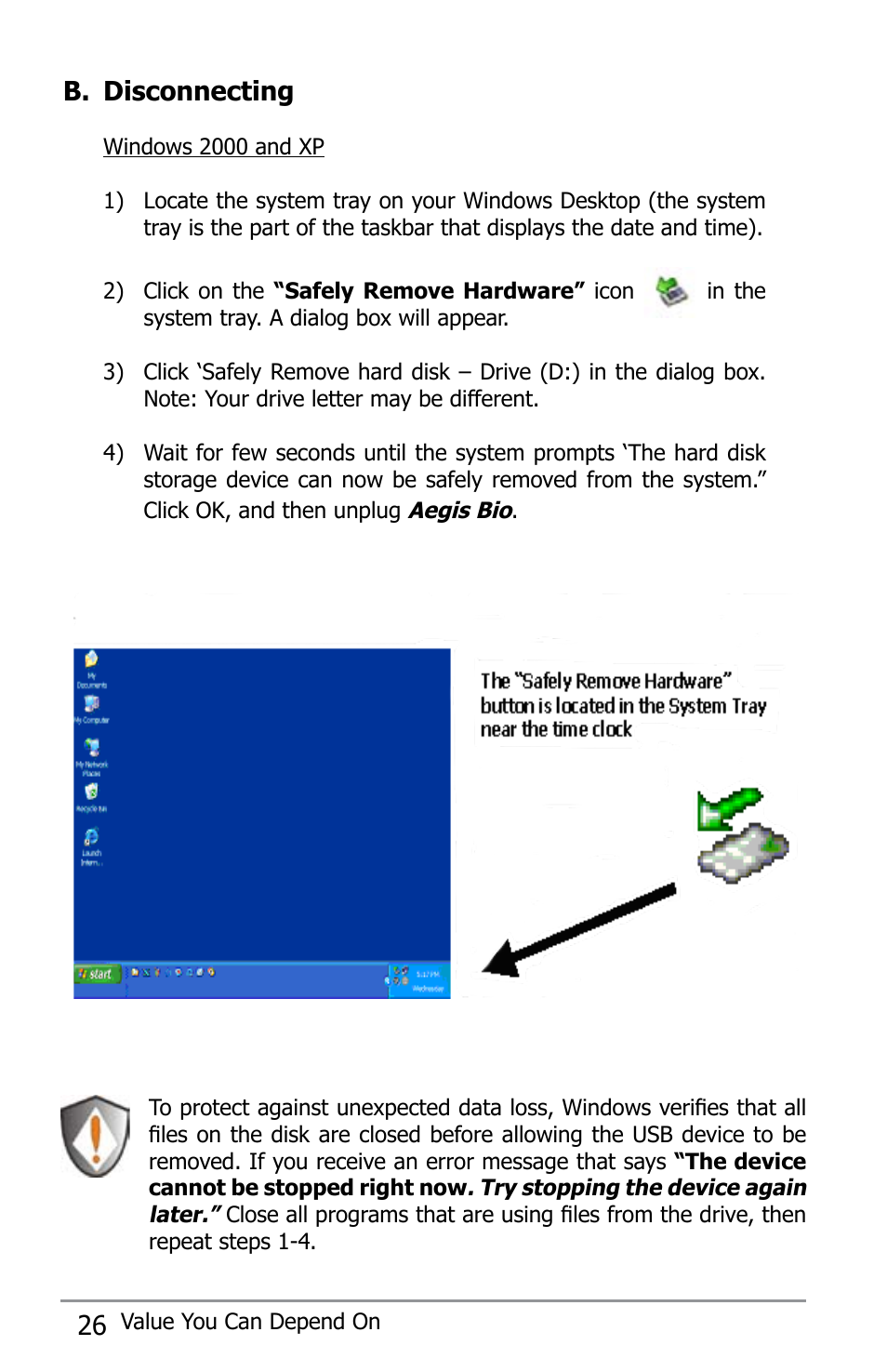 26 b. disconnecting | Apricorn Aegis Bio - USB 2.0 User Manual | Page 26 / 36