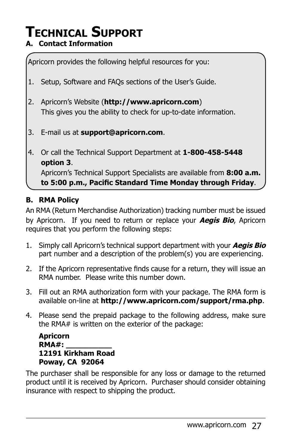 Echnical, Upport | Apricorn Aegis Bio - USB 2.0 User Manual | Page 27 / 36