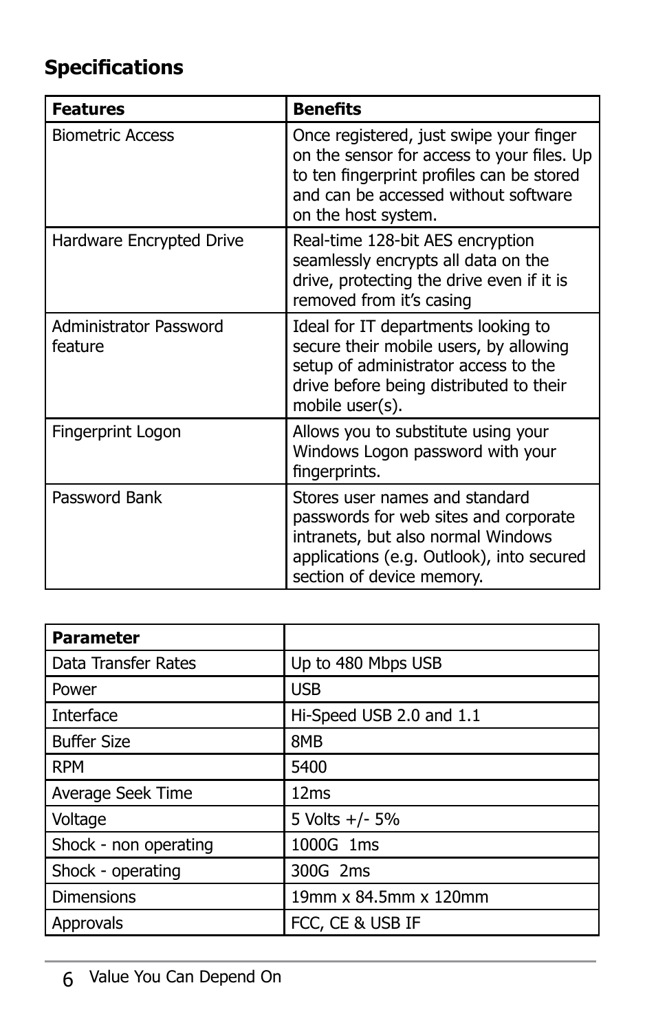 6specifications | Apricorn Aegis Bio - USB 2.0 User Manual | Page 6 / 36