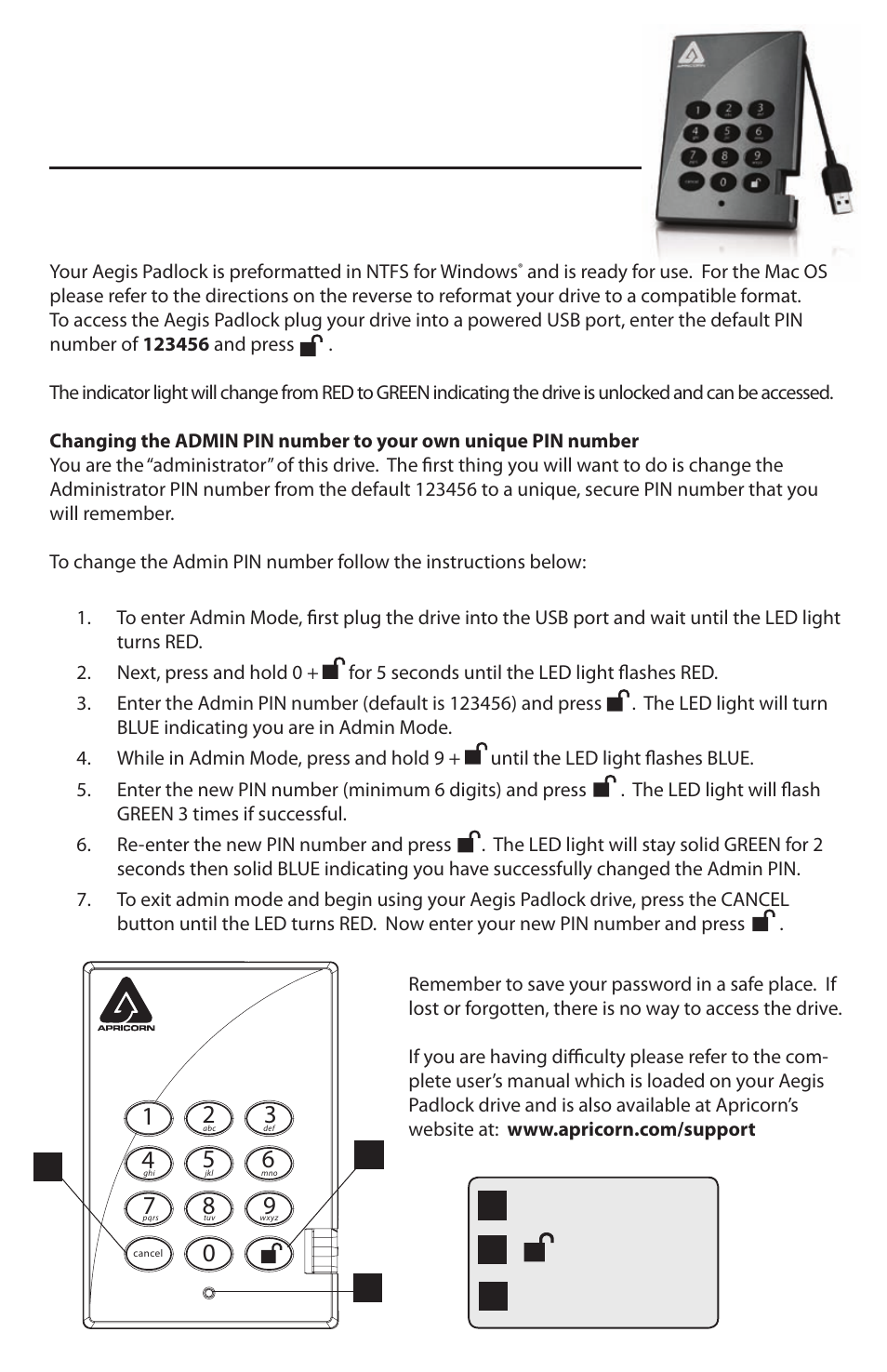 Apricorn Aegis Padlock USB 2.0 - Solid State Drive User Manual | 2 pages