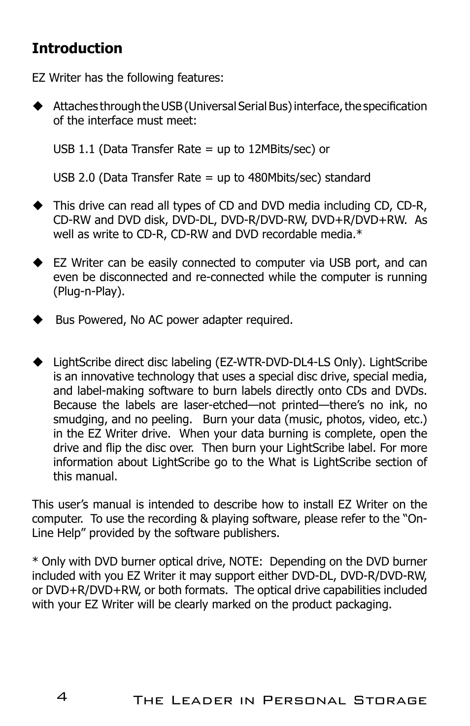 The leader in personal storage 4 | Apricorn EZ Writer LS - Dual Layer DVD Burner User Manual | Page 4 / 20