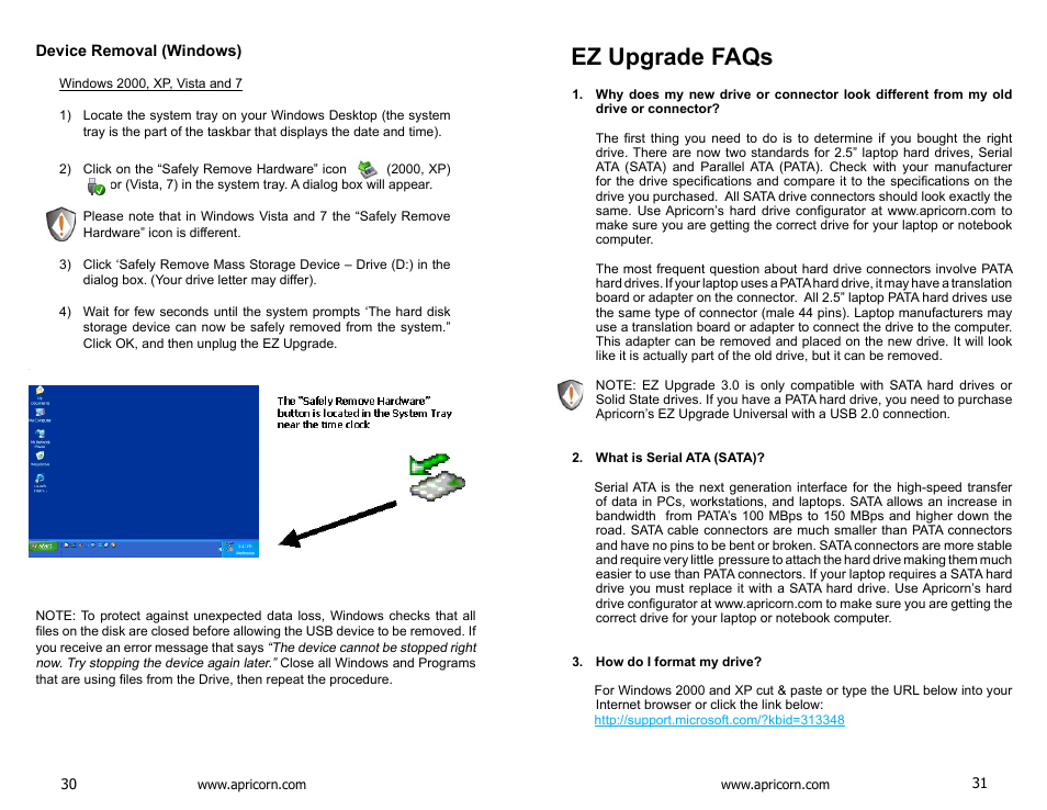 Device removal (windows), Ez upgrade faqs | Apricorn EZ Upgrade 3.0 - SATA Notebook Hard Drive Upgrade Kit with USB 3.0 Connection User Manual | Page 16 / 21