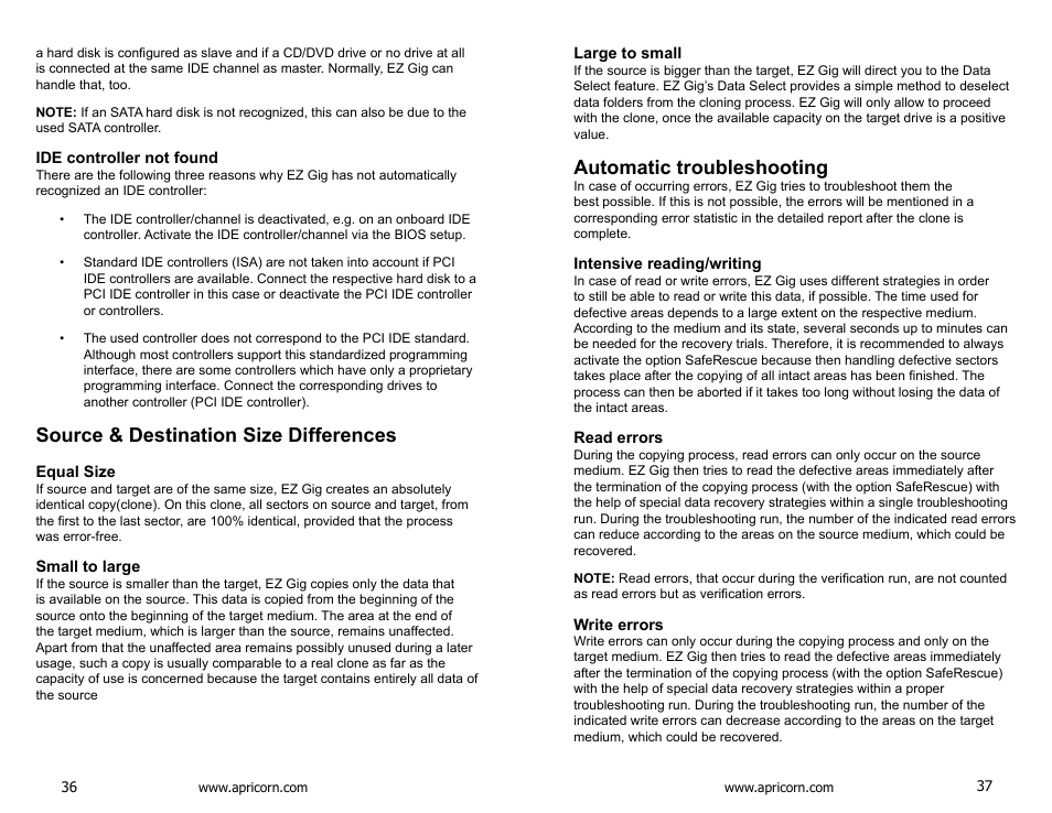 Source & destination size differences, Automatic troubleshooting | Apricorn EZ Upgrade 3.0 - SATA Notebook Hard Drive Upgrade Kit with USB 3.0 Connection User Manual | Page 19 / 21