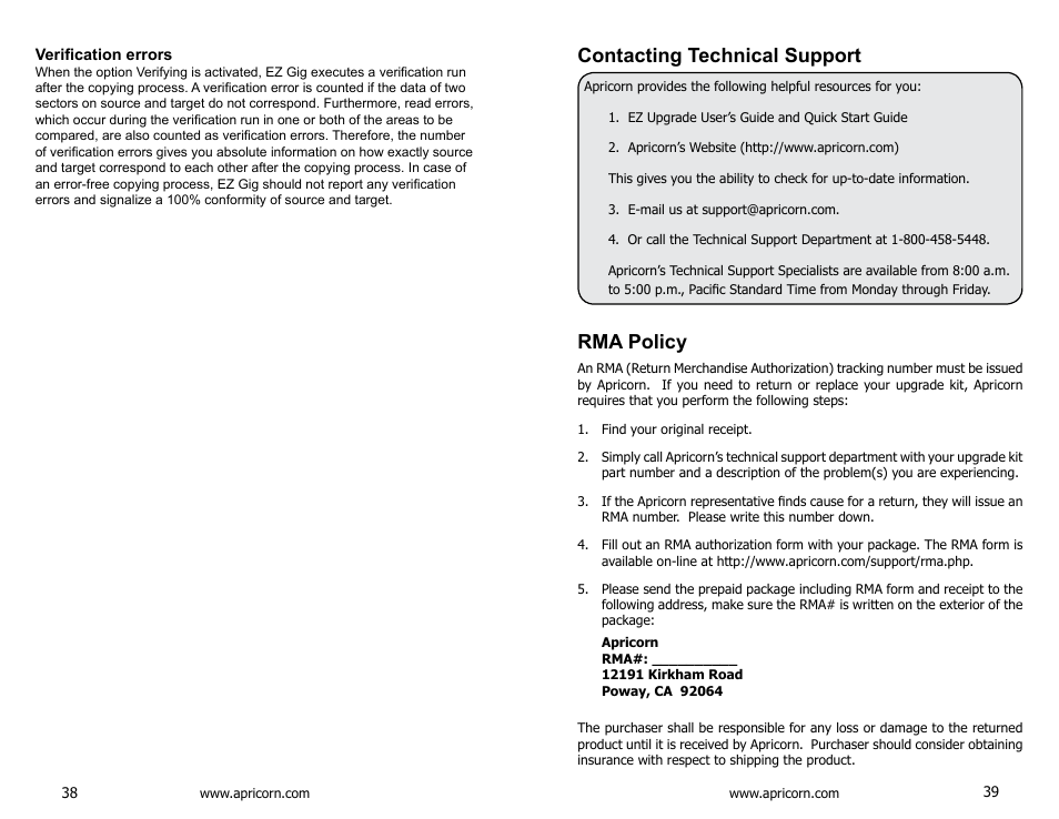 Contacting technical support, Rma policy | Apricorn EZ Upgrade 3.0 - SATA Notebook Hard Drive Upgrade Kit with USB 3.0 Connection User Manual | Page 20 / 21