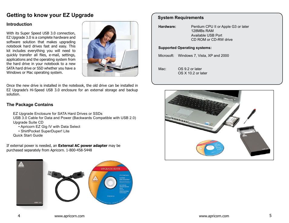 Getting to know your ez upgrade, Introduction, The package contains | System requirements | Apricorn EZ Upgrade 3.0 - SATA Notebook Hard Drive Upgrade Kit with USB 3.0 Connection User Manual | Page 3 / 21