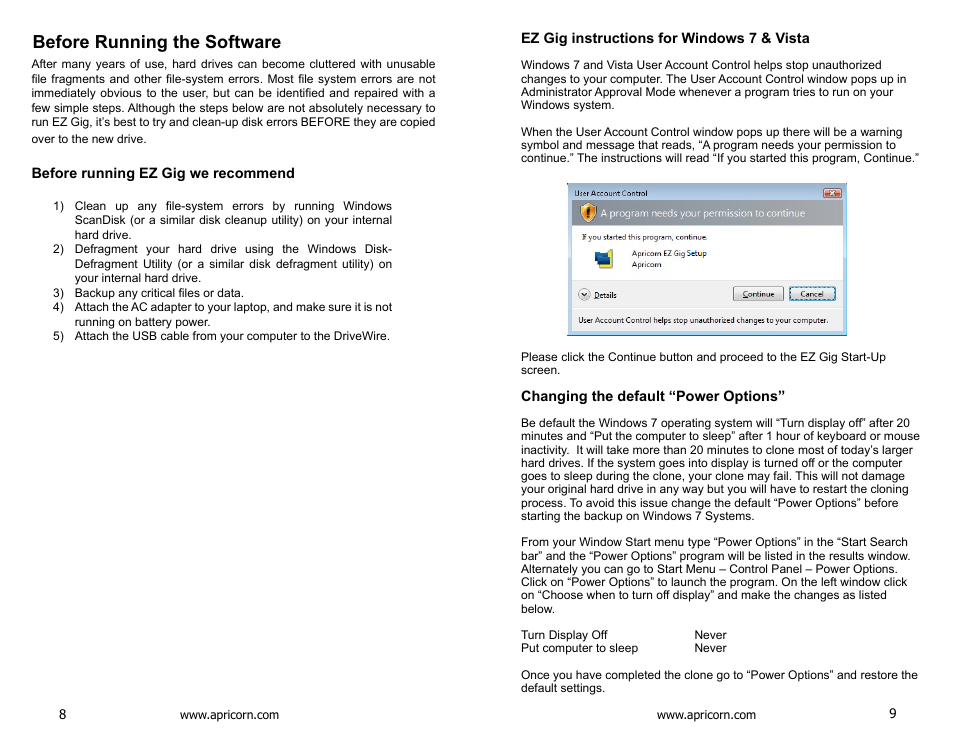 Before running the software, Before running ez gig we recommend, Ez gig instructions for windows 7 & vista | Changing the default “power options | Apricorn EZ Upgrade 3.0 - SATA Notebook Hard Drive Upgrade Kit with USB 3.0 Connection User Manual | Page 5 / 21