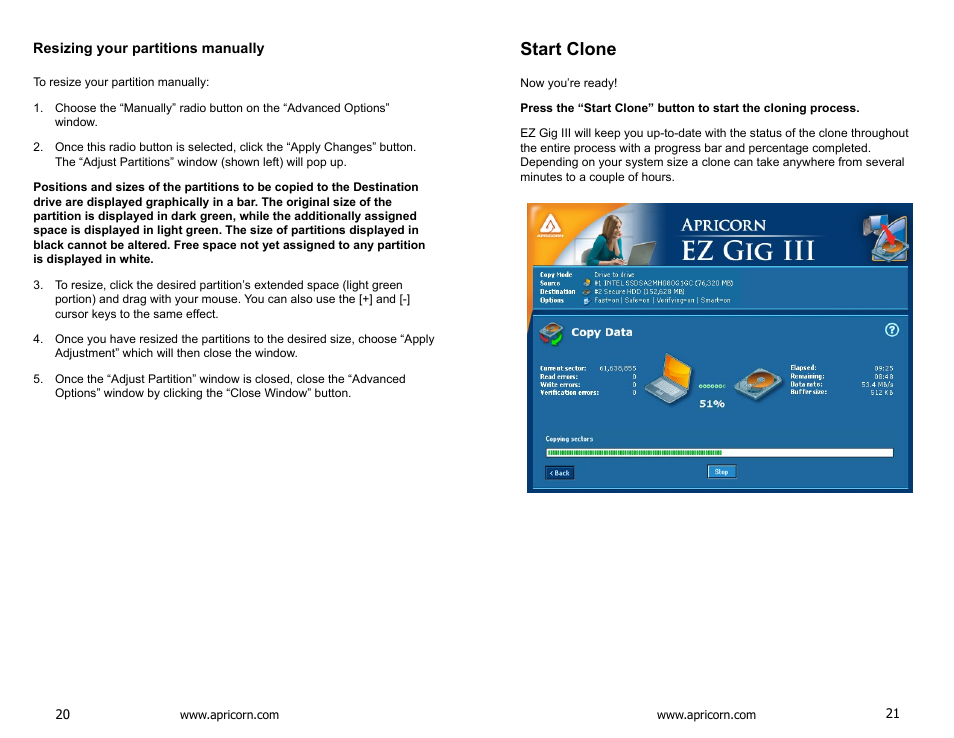 Resizing your partitions manually, Start clone | Apricorn EZ Upgrade - Universal Hard Drive Upgrade Kit User Manual | Page 11 / 19