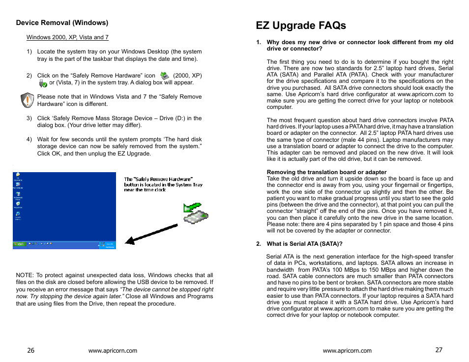 Device removal (windows), Ez upgrade faqs | Apricorn EZ Upgrade - Universal Hard Drive Upgrade Kit User Manual | Page 14 / 19