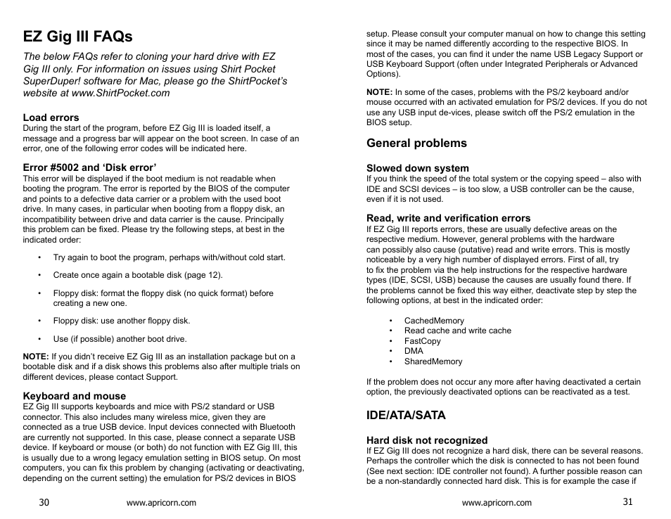 Ez gig iii faqs, Load errors, Error #5002 and ‘disk error | Keyboard and mouse, General problems, Slowed down system, Read, write and verification errors, Ide/ata/sata, Hard disk not recognized | Apricorn EZ Upgrade - Universal Hard Drive Upgrade Kit User Manual | Page 16 / 19