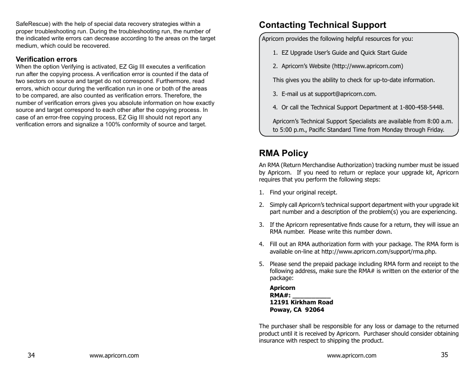 Verification errors, Contacting technical support, Rma policy | Apricorn EZ Upgrade - Universal Hard Drive Upgrade Kit User Manual | Page 18 / 19