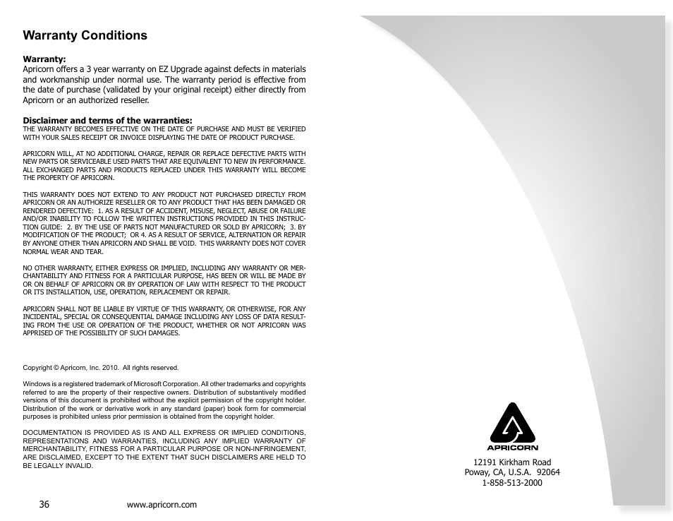 Warranty conditions | Apricorn EZ Upgrade - Universal Hard Drive Upgrade Kit User Manual | Page 19 / 19