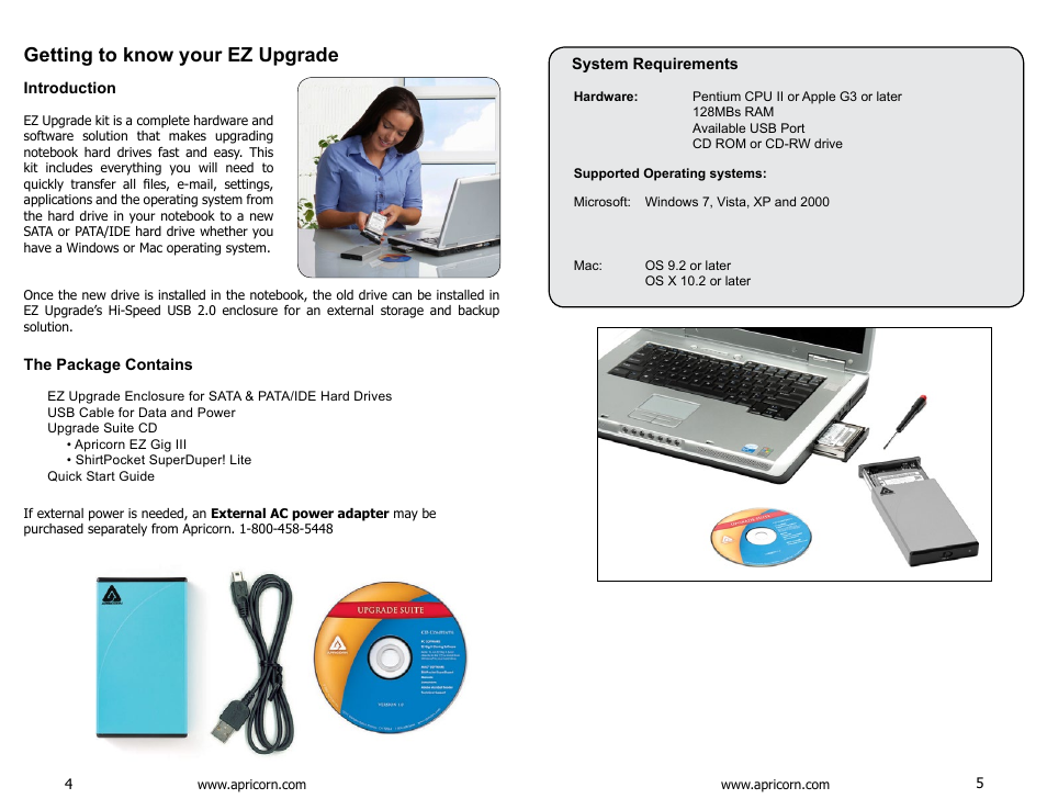 Getting to know your ez upgrade, Introduction, The package contains | System requirements | Apricorn EZ Upgrade - Universal Hard Drive Upgrade Kit User Manual | Page 3 / 19