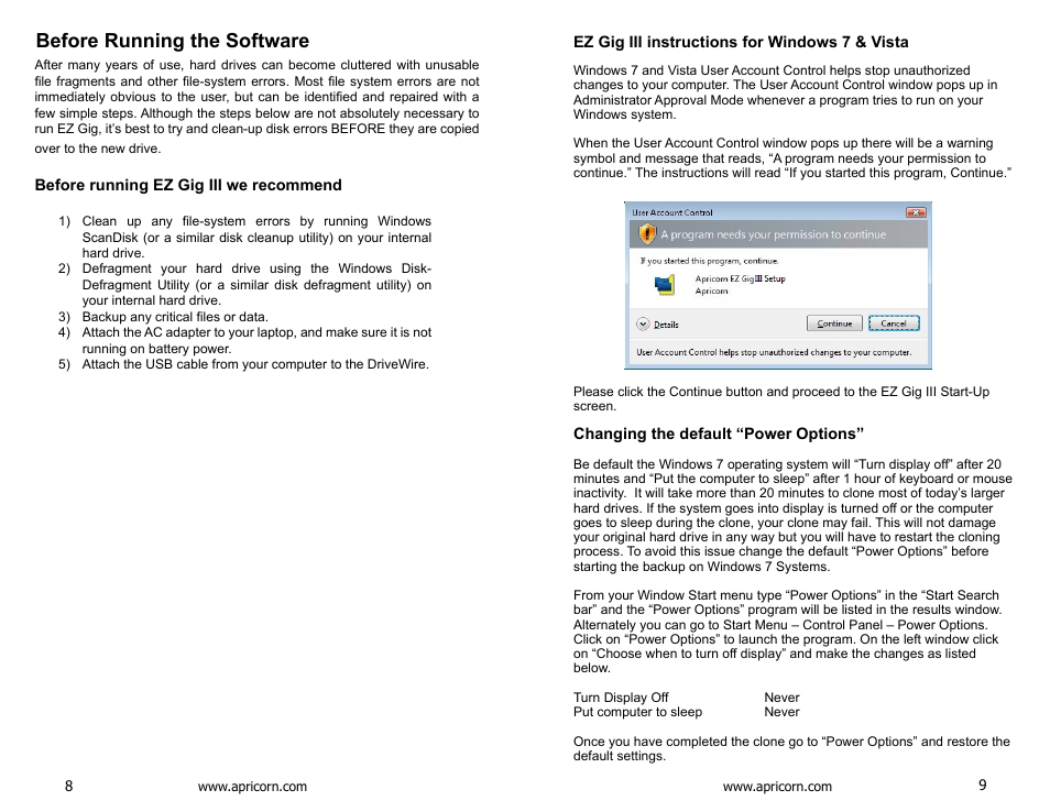 Before running the software, Before running ez gig iii we recommend, Ez gig iii instructions for windows 7 & vista | Changing the default “power options | Apricorn EZ Upgrade - Universal Hard Drive Upgrade Kit User Manual | Page 5 / 19