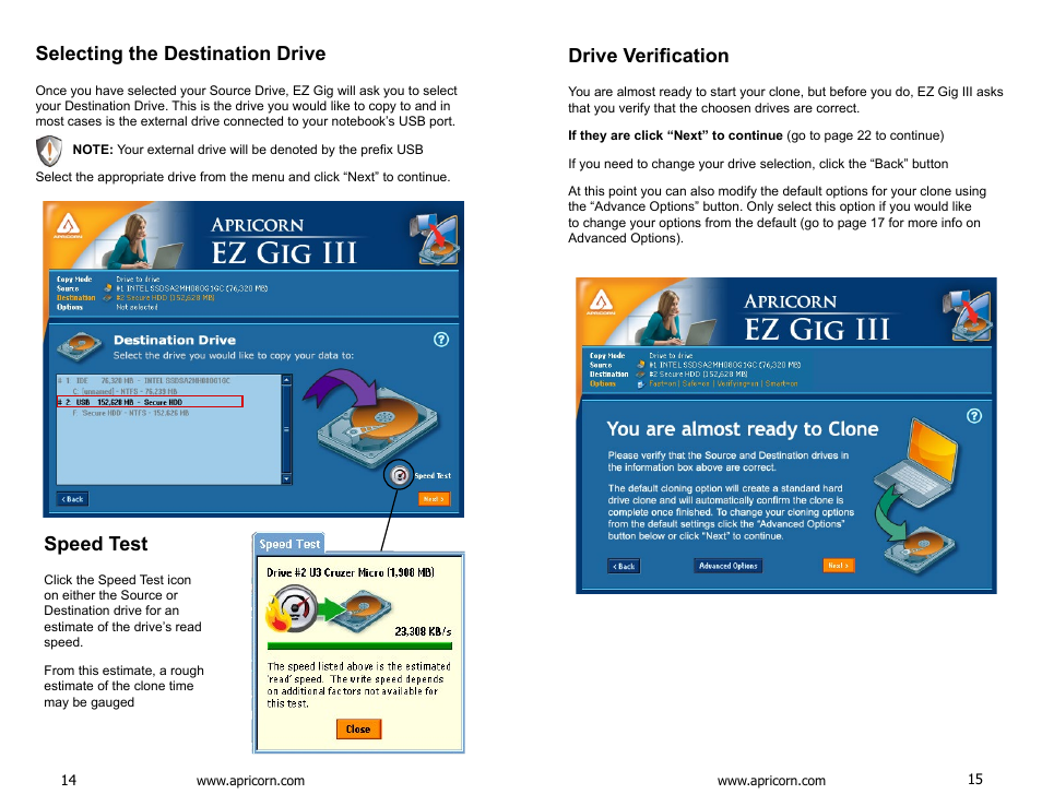 Selecting the destination drive, Speed test, Drive verification | Speed test drive verification | Apricorn EZ Upgrade - Universal Hard Drive Upgrade Kit User Manual | Page 8 / 19