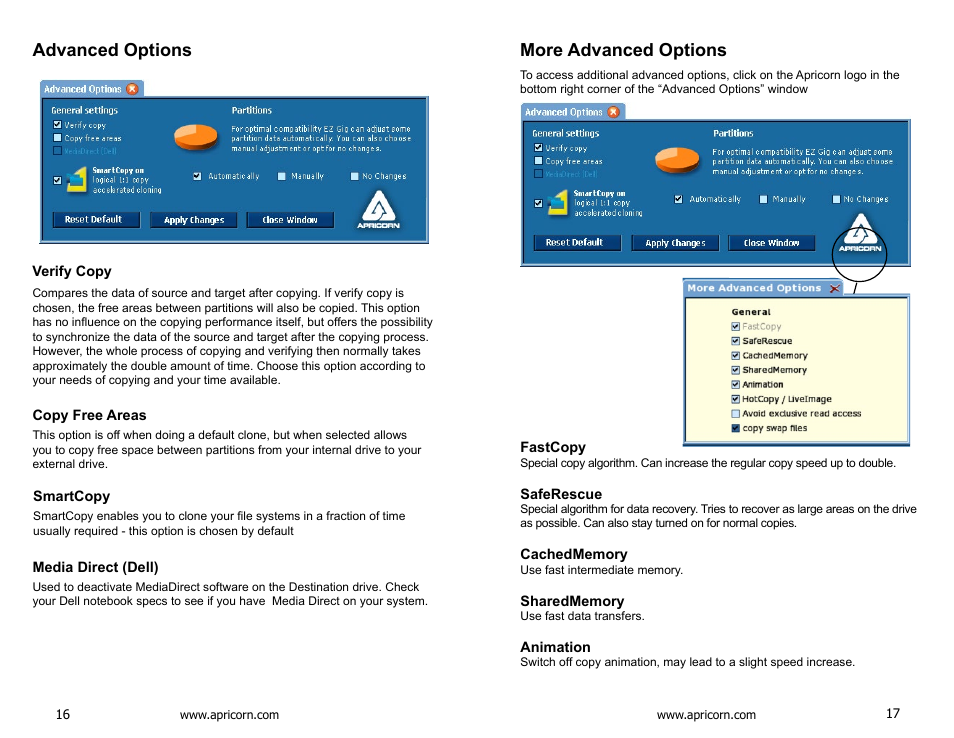 Advanced options, Verify copy, Copy free areas | Smartcopy, Media direct (dell), More advanced options, Fastcopy, Saferescue, Cachedmemory, Sharedmemory | Apricorn EZ Upgrade - Universal Hard Drive Upgrade Kit User Manual | Page 9 / 19