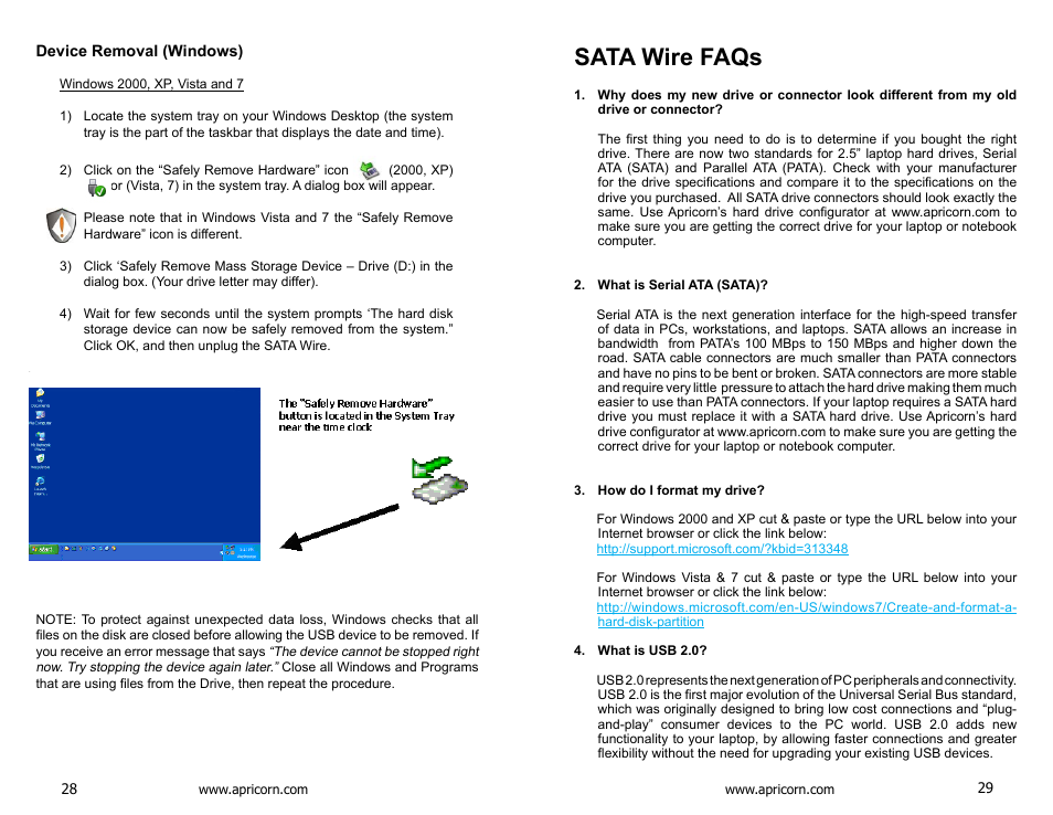 Device removal (windows), Sata wire faqs | Apricorn SATA Wire 3.0 - USB 3.0 Interface to any 2.5" SATA Drive User Manual | Page 15 / 20