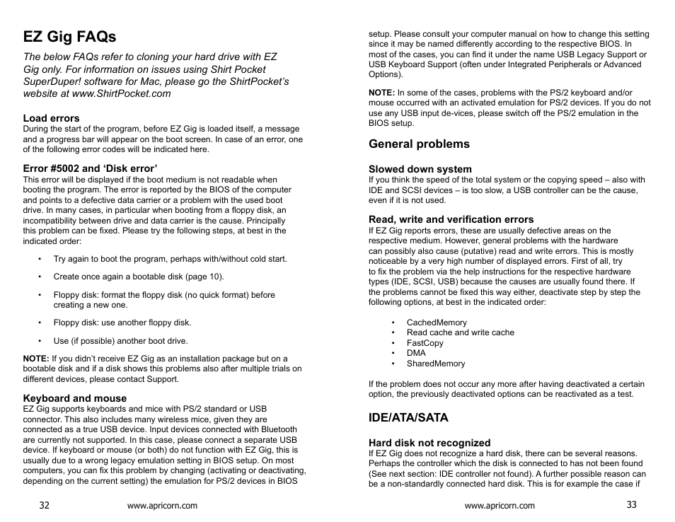 Ez gig iii faqs, Ez gig faqs, General problems | Ide/ata/sata | Apricorn SATA Wire 3.0 - USB 3.0 Interface to any 2.5" SATA Drive User Manual | Page 17 / 20