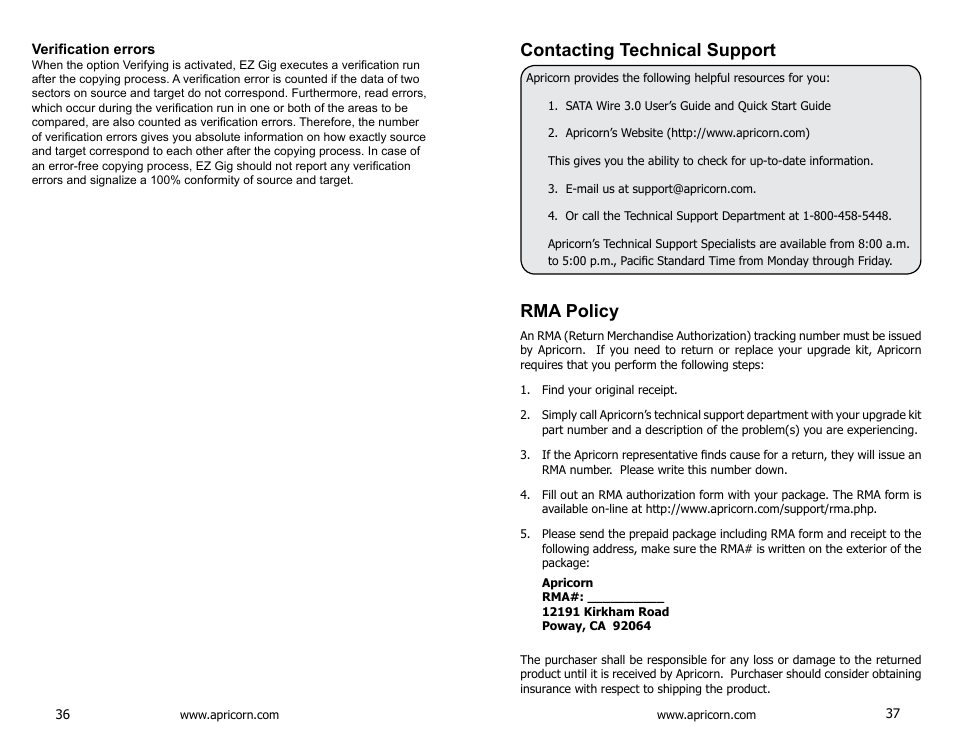 Contacting technical support, Rma policy | Apricorn SATA Wire 3.0 - USB 3.0 Interface to any 2.5" SATA Drive User Manual | Page 19 / 20