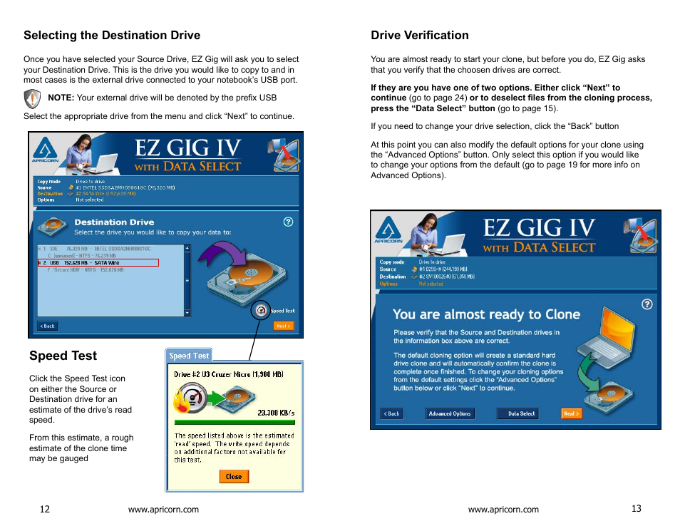 Selecting the destination drive, Speed test, Drive verification | Apricorn SATA Wire 3.0 - USB 3.0 Interface to any 2.5" SATA Drive User Manual | Page 7 / 20