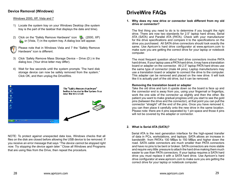 Device removal (windows), Drivewire faqs | Apricorn DriveWire - Universal Hard Drive Adapter User Manual | Page 15 / 21