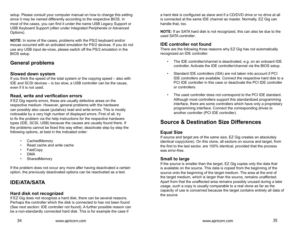 Source & destination size differences, General problems, Ide/ata/sata | Apricorn DriveWire - Universal Hard Drive Adapter User Manual | Page 18 / 21