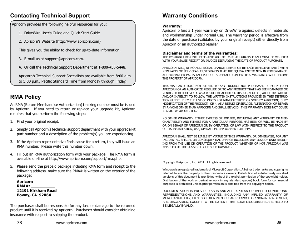 Contacting technical support, Rma policy, Warranty conditions | Apricorn DriveWire - Universal Hard Drive Adapter User Manual | Page 20 / 21