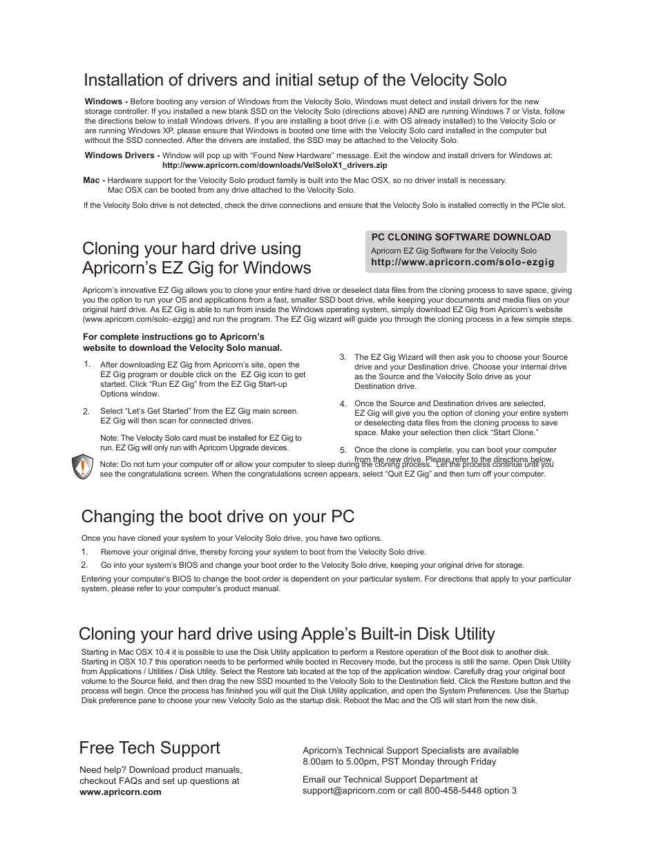 Velocitysolo_x1_qsg2, Free tech support, Changing the boot drive on your pc | Apricorn Velocity Solo x1 - Performance SSD Upgrade Kit for Desktop PCs and MacPro User Manual | Page 2 / 2