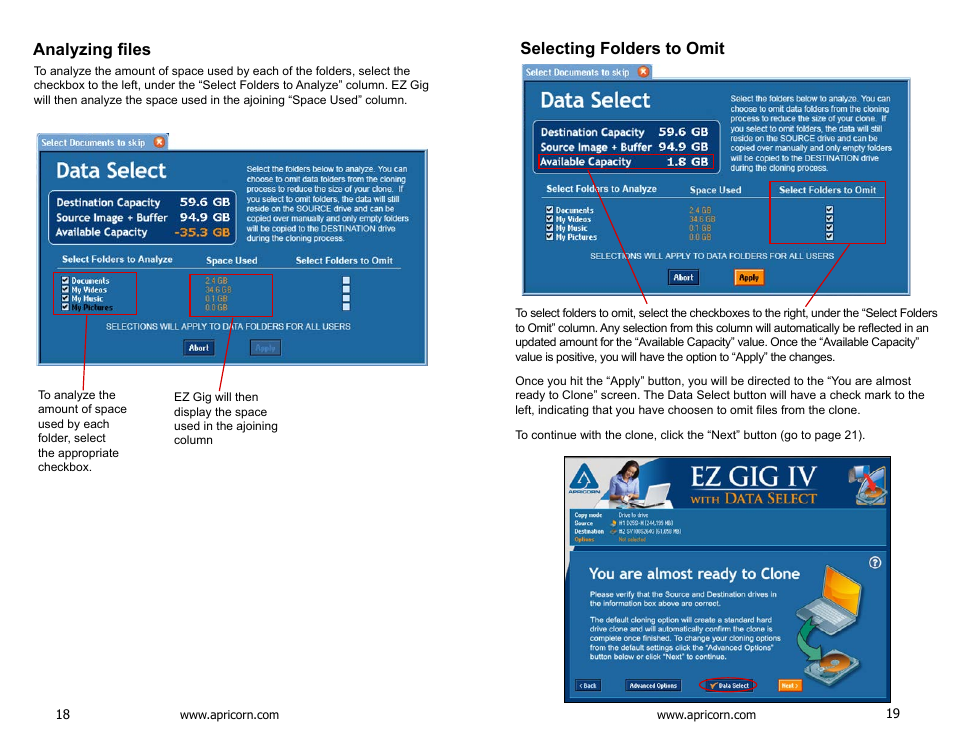 Analyzing files, Selecting folders to omit | Apricorn Velocity Solo - SSD Upgrade Kit for Desktop PCs User Manual | Page 10 / 20