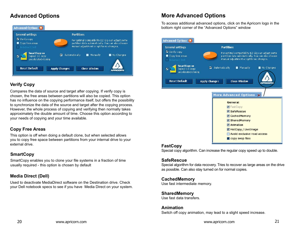 Advanced options, Verify copy, Copy free areas | Smartcopy, Media direct (dell), More advanced options, Fastcopy, Saferescue, Cachedmemory, Sharedmemory | Apricorn Velocity Solo - SSD Upgrade Kit for Desktop PCs User Manual | Page 11 / 20