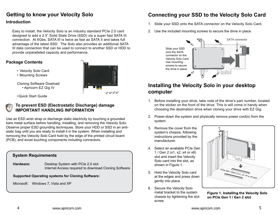 Getting to know your velocity solo, Introduction, Package contents | To prevent esd (electrostatic discharge) damage, System requirements, Connecting your ssd to the velocity solo card | Apricorn Velocity Solo - SSD Upgrade Kit for Desktop PCs User Manual | Page 3 / 20