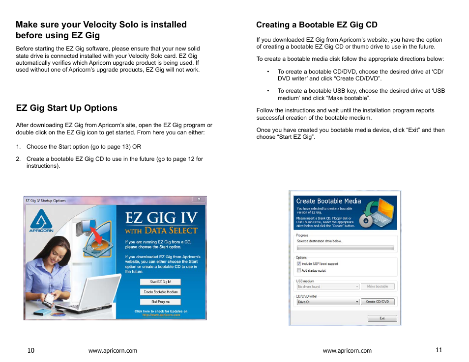 Ez gig start up options, Creating a bootable ez gig cd | Apricorn Velocity Solo - SSD Upgrade Kit for Desktop PCs User Manual | Page 6 / 20