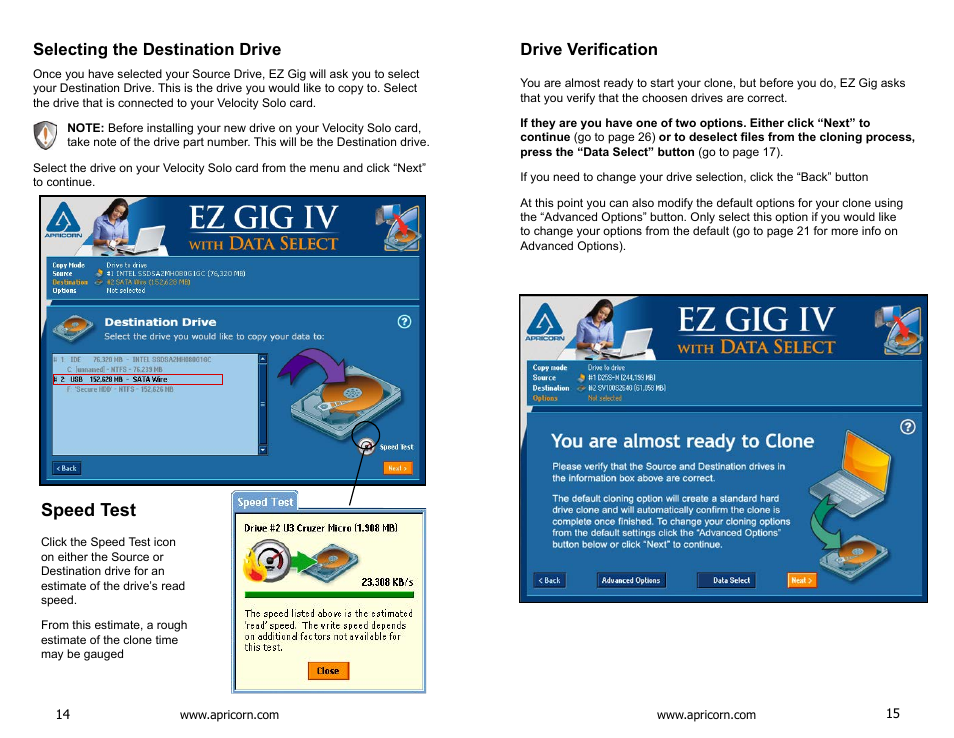 Selecting the destination drive, Speed test, Drive verification | Apricorn Velocity Solo - SSD Upgrade Kit for Desktop PCs User Manual | Page 8 / 20