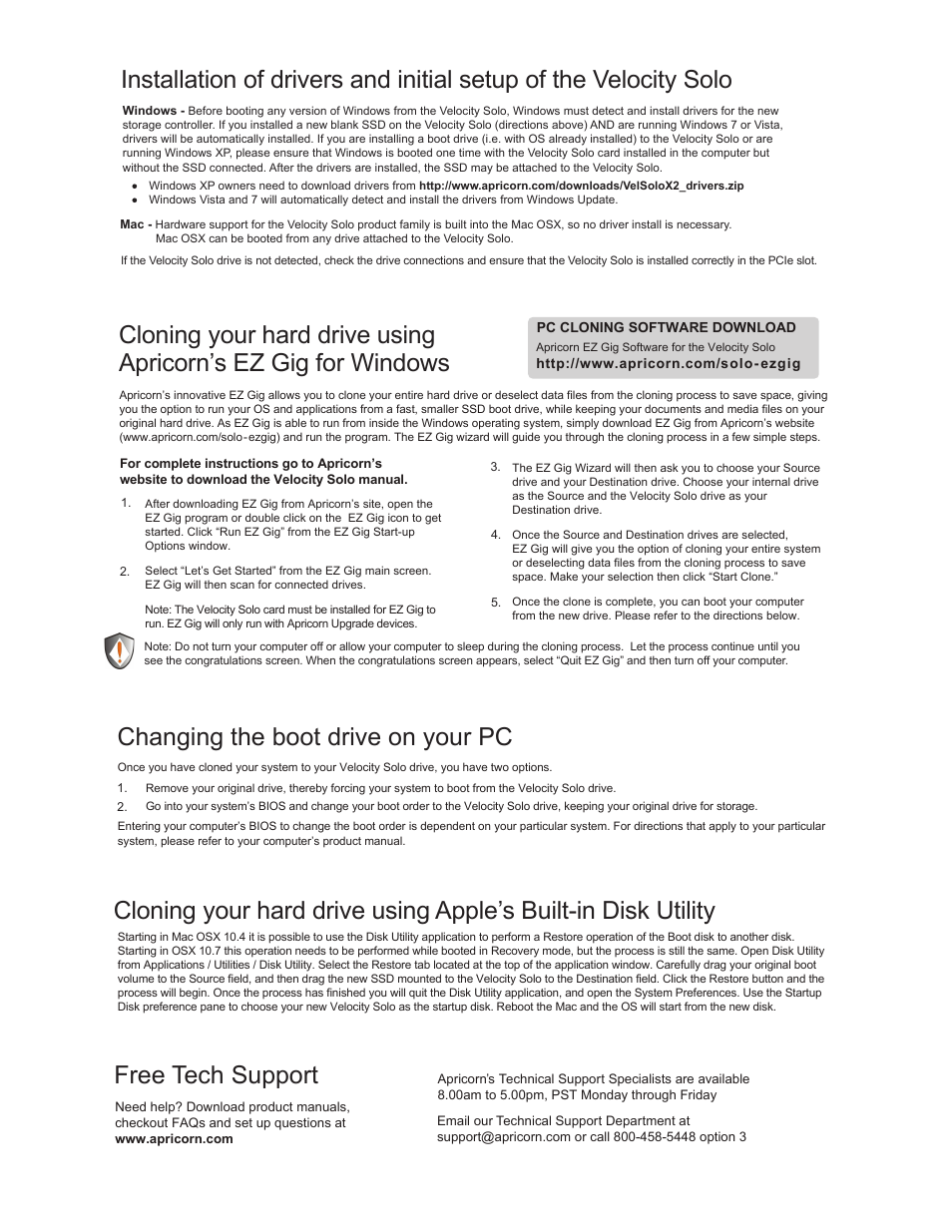 Velocitysolo_x2_qsg2, Free tech support, Changing the boot drive on your pc | Apricorn Velocity Solo x2 - Extreme Performance SSD Upgrade Kit for Desktop PCs and MacPro User Manual | Page 2 / 2