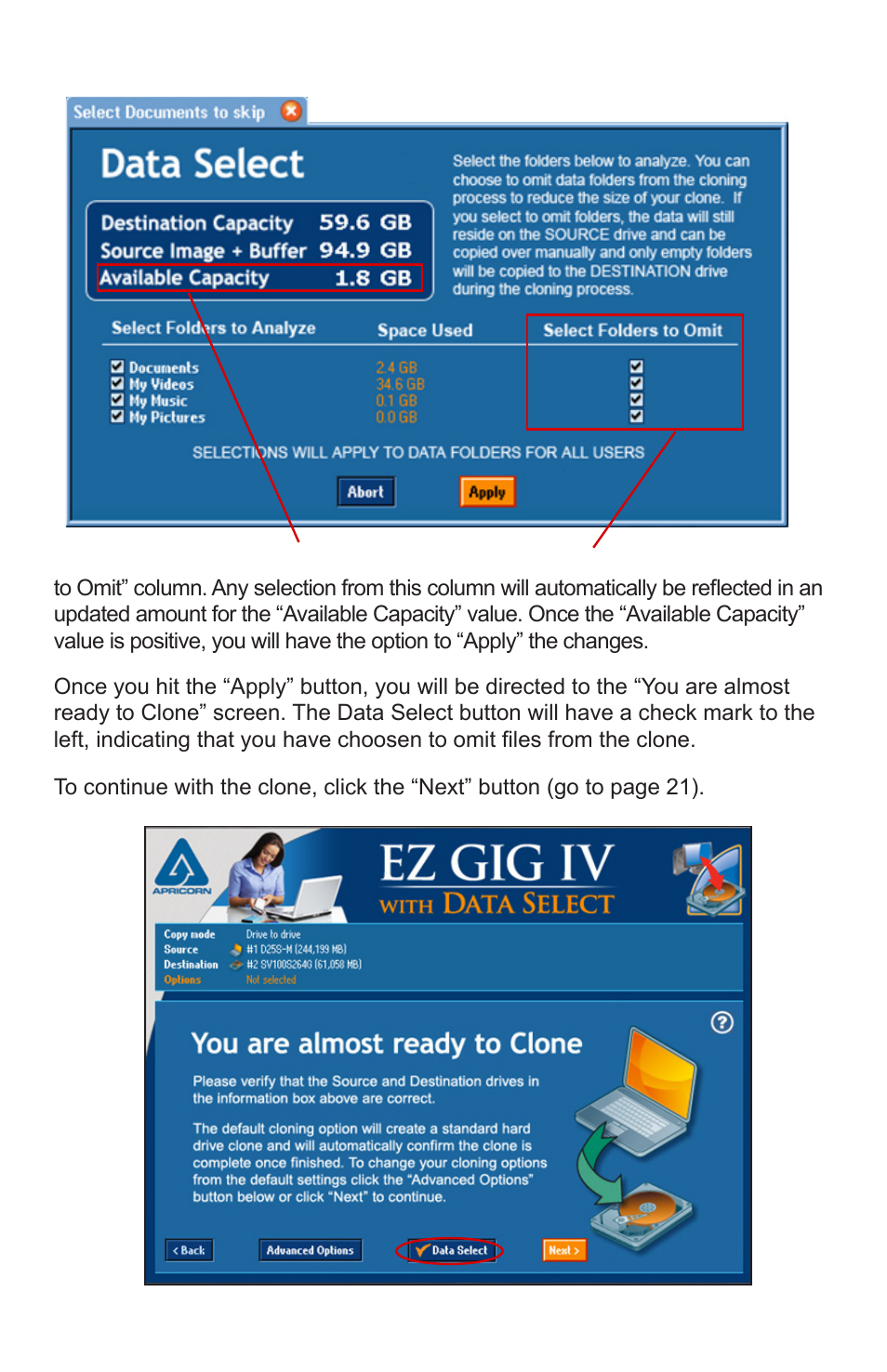 Selecting folders to omit | Apricorn EZ Gig IV Cloning Software with Data Select for Windows User Manual | Page 15 / 31