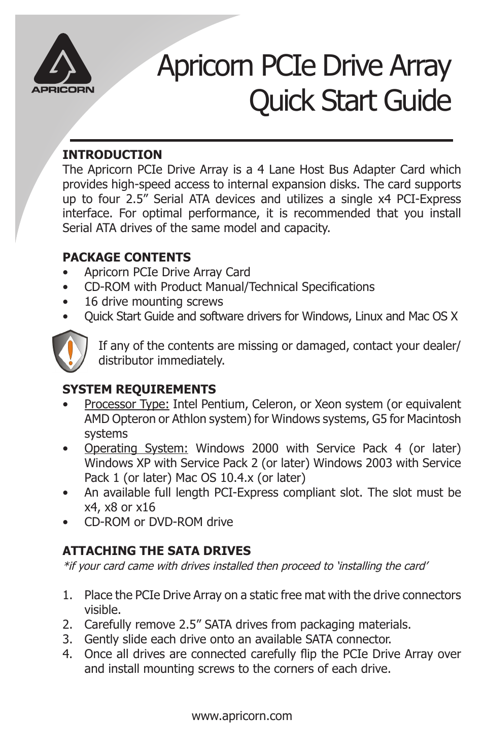 Apricorn pcie drive array quick start guide | Apricorn PCIe Drive Array Board with Sil3124A Controller User Manual | Page 2 / 4