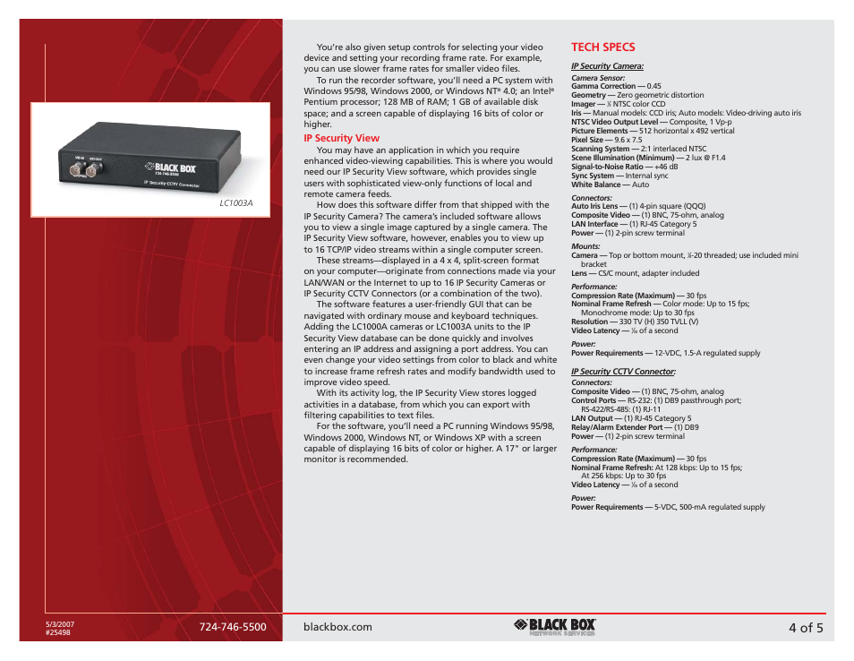 4 of 5, Tech specs | Black Box Blackbox IP Security Camera and Accessories User Manual | Page 4 / 5