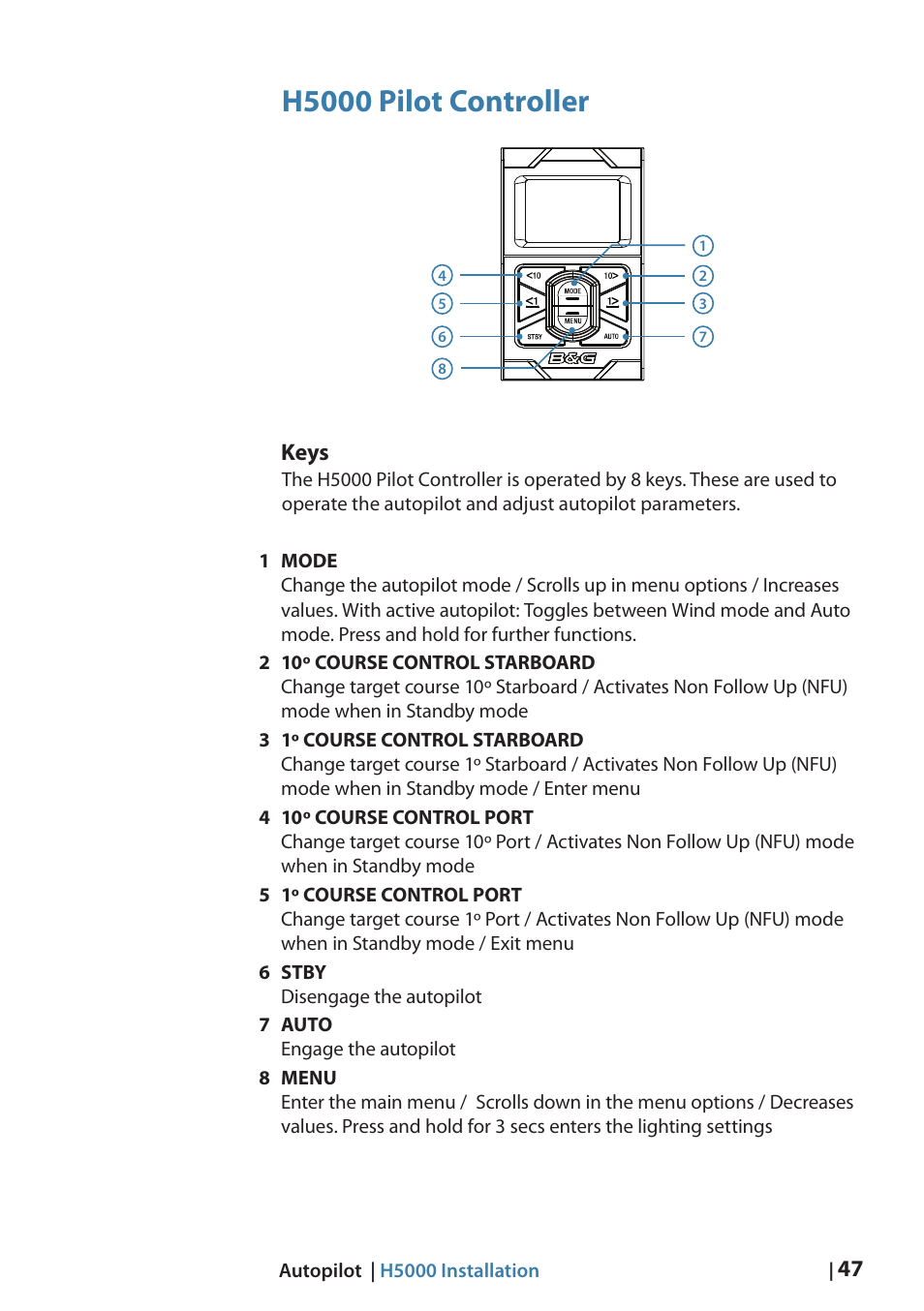 H5000 pilot controller, Keys | B&G H5000 Analogue Expansion User Manual | Page 47 / 66