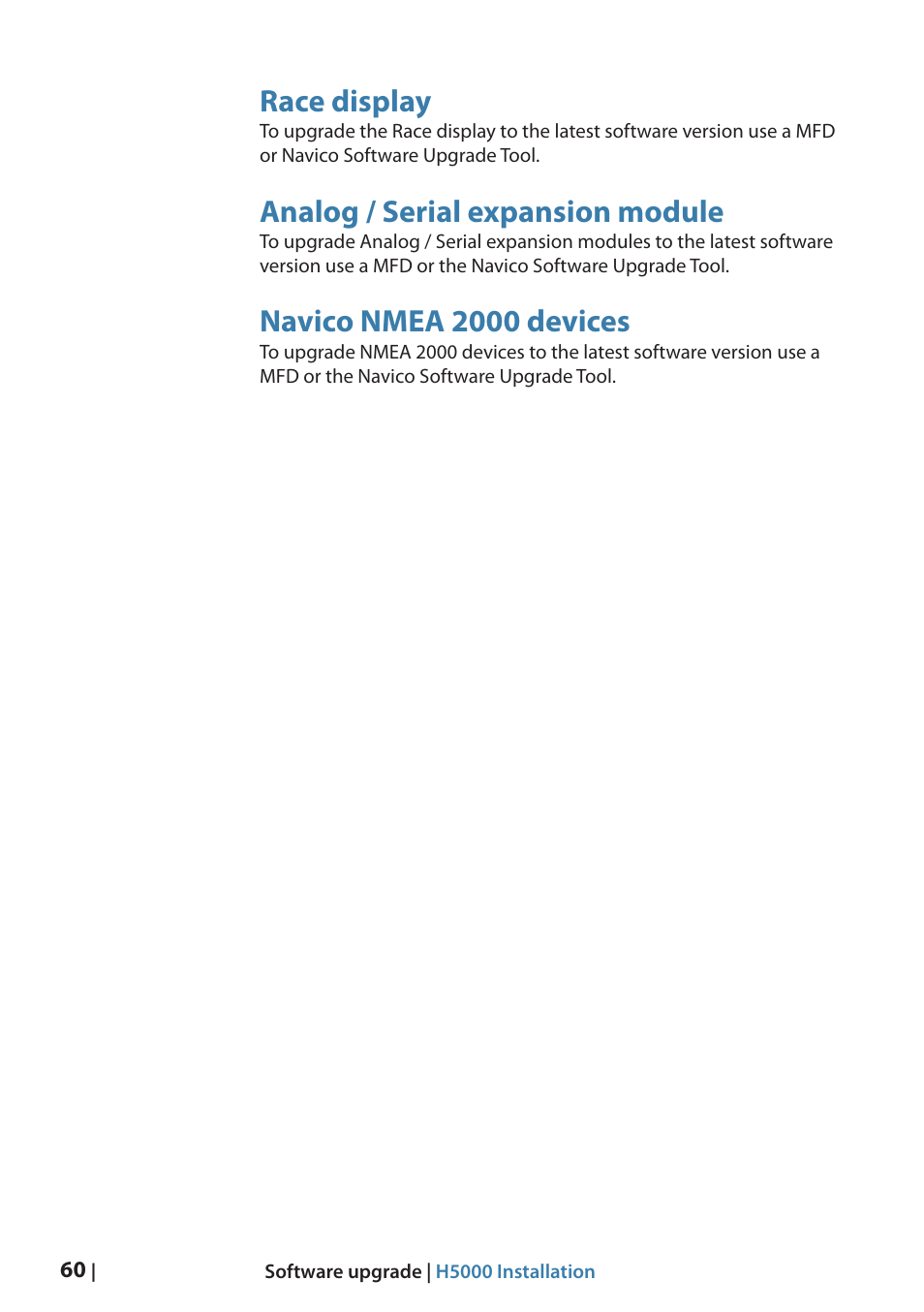 Race display, Analog / serial expansion module, Navico nmea 2000 devices | B&G H5000 Analogue Expansion User Manual | Page 60 / 66