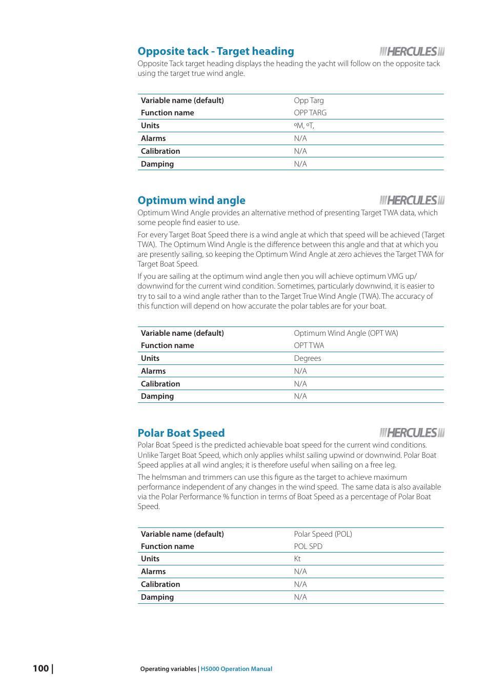 Opposite tack - target heading, Optimum wind angle, Polar boat speed | B&G H5000 Analogue Expansion User Manual | Page 100 / 117