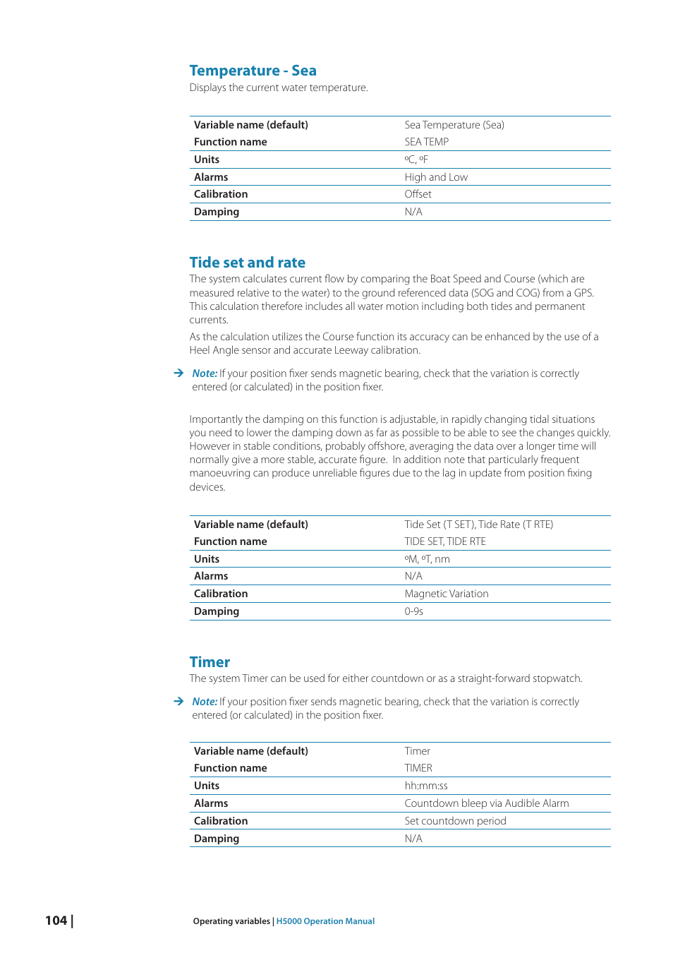 Temperature - sea, Tide set and rate, Timer | B&G H5000 Analogue Expansion User Manual | Page 104 / 117