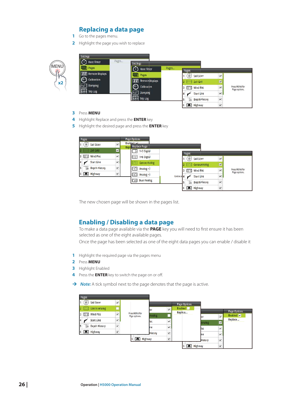 Replacing a data page, Enabling / disabling a data page | B&G H5000 Analogue Expansion User Manual | Page 26 / 117