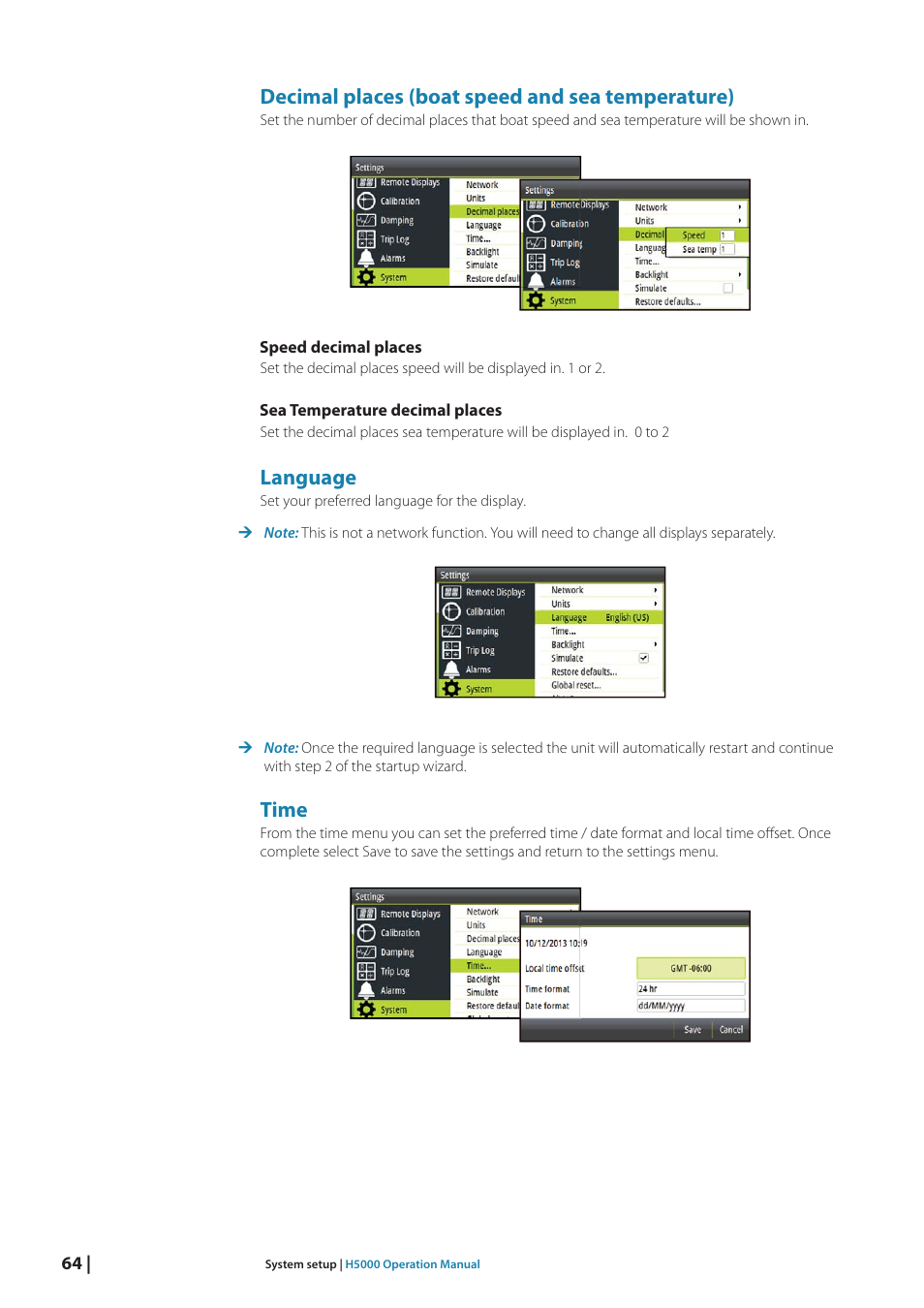Decimal places (boat speed and sea temperature), Language, Time | B&G H5000 Analogue Expansion User Manual | Page 64 / 117